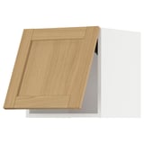 A light wood-colored kitchen cabinet with a light gray interior.