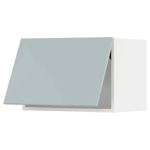 Modern kitchen cabinet in glossy grey-blue with sleek, minimalist design.