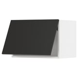Modern black kitchen cabinet, sleek design with angled top.