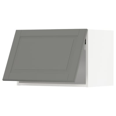 Grey kitchen cabinet door with beveled edges.