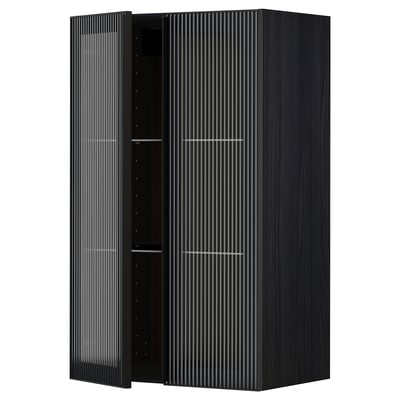 Black METOD wall cabinet, fluted glass door, adjustable shelves.
