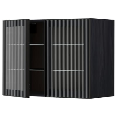 Modern black kitchen cabinet with textured glass doors and adjustable shelves.
