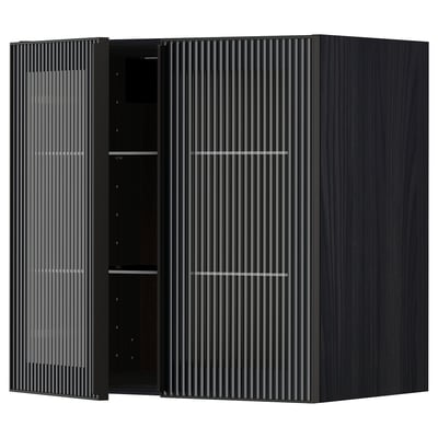 Modern black kitchen cabinet with vertical reeded glass doors. Square shape with adjustable shelf inside.