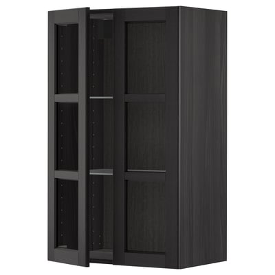 Dark METOD wall cabinet with glass doors, sleek design & adjustable shelves.