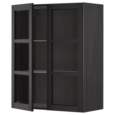 Black METOD cabinet with glass doors, dark wood grain, adjustable shelves.