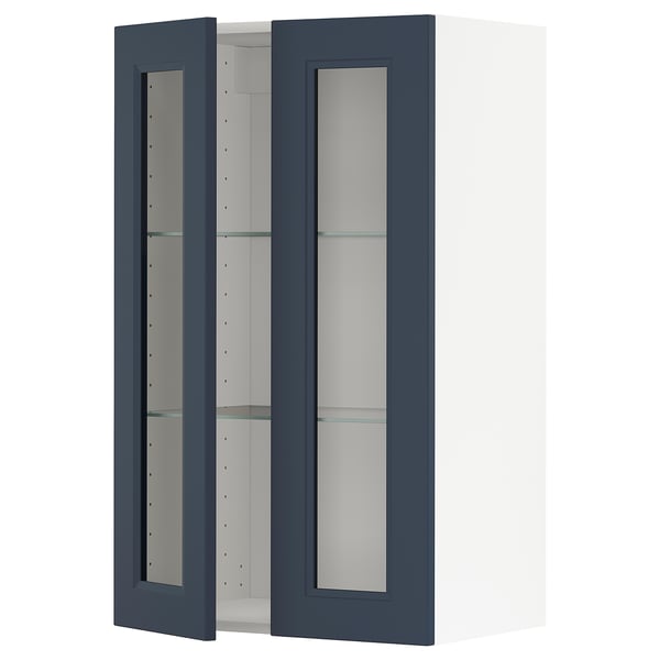 METOD kitchen cabinet with blue glass doors, rectangular shape, and modern design.