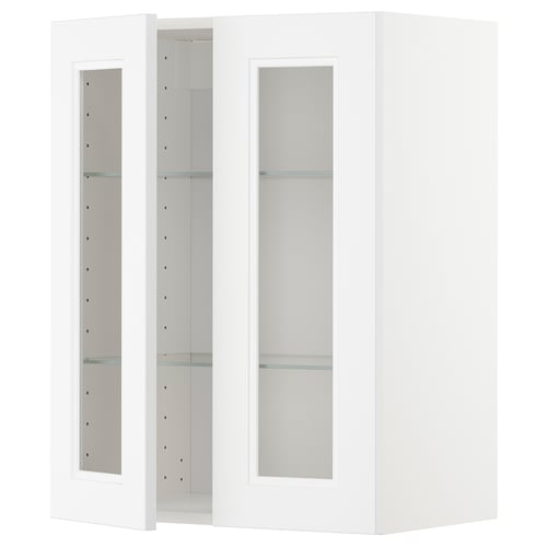 White ikea METOD kitchen cabinet set with glass doors. Minimalist, modern design.