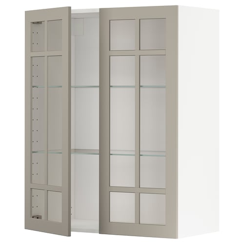 METOD kitchen unit with beige glass doors, rectangular shape, and modern design.
