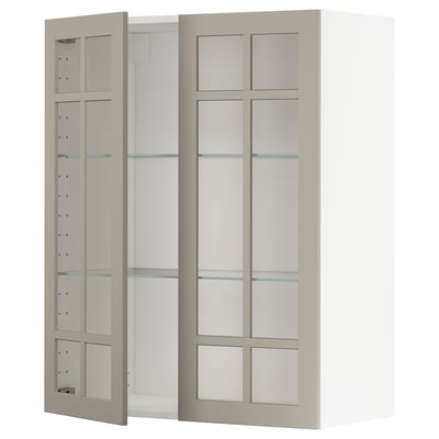 METOD kitchen unit with beige glass doors, rectangular shape, and modern design.