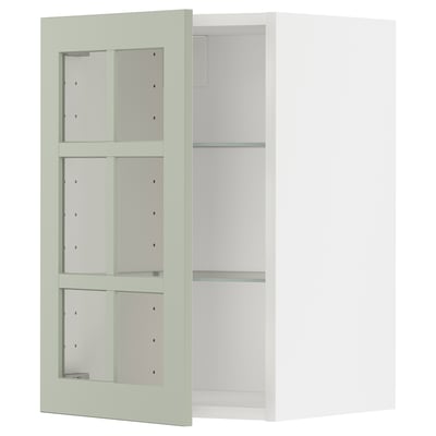 METOD kitchen unit with green glass door, wall-mounted, light green, square shape, tempered glass shelves.