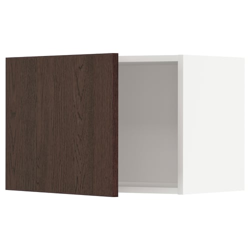 Dark brown wooden cabinet door and white cabinet box.