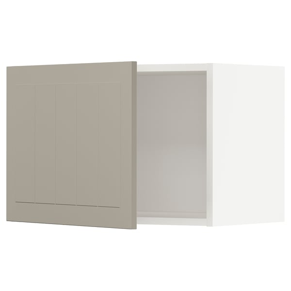 Beige METOD kitchen cabinet set. Flat doors with vertical grooves, square shape.