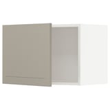 Beige METOD kitchen cabinet set. Flat doors with vertical grooves, square shape.