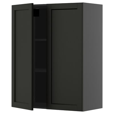 Black kitchen cabinet with two dark wood doors, one open revealing an adjustable shelf inside.