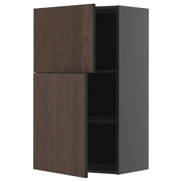 Dark brown wooden cabinet with one open door, mounted on gray frame, featuring adjustable shelves. Sleek and modern design.
