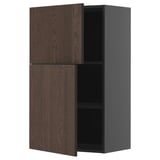 Dark brown wooden cabinet with one open door, mounted on gray frame, featuring adjustable shelves. Sleek and modern design.