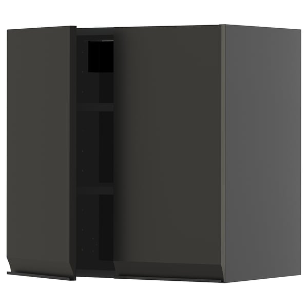 A grey METOD wall-mounted kitchen cabinet with a modern black front and adjustable shelf.