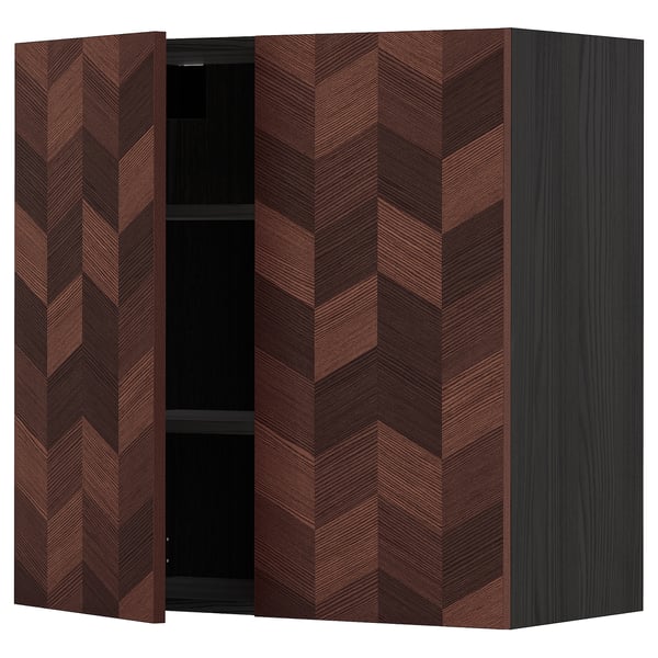 An open dark brown wooden cabinet with a herringbone pattern, featuring adjustable shelves.