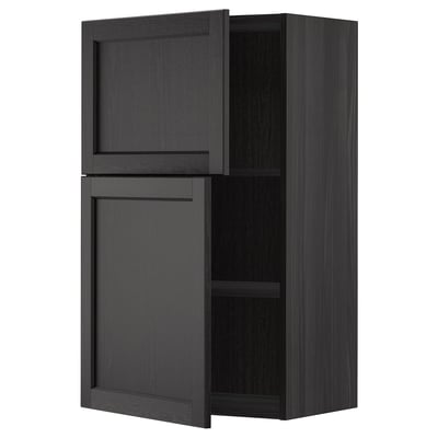 Dark gray METOD kitchen wall cabinet, one door open showing adjustable shelf, traditional design.