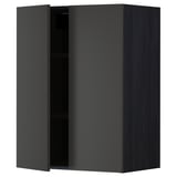 A dark grey METOD kitchen cabinet with a wooden grain design and a single open door revealing shelving and adjustable pins.