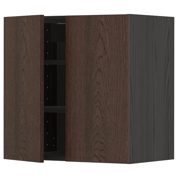 Dark brown wooden kitchen cabinet with two doors and shelves. Modern and elegant design, perfect for storage.