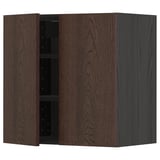 Dark brown wooden kitchen cabinet with two doors and shelves. Modern and elegant design, perfect for storage.