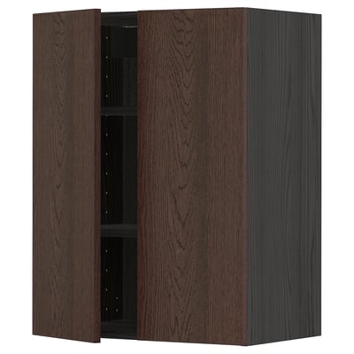 A dark brown METOD kitchen wall cabinet with two doors and black interior shelves.