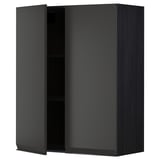 Open black modern kitchen cabinet with wooden texture and adjustable shelf.