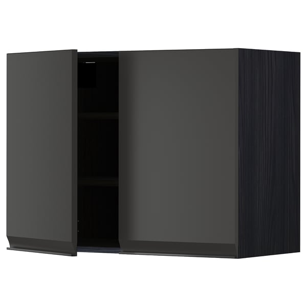 Modern black kitchen wall unit with two doors and single shelf, sleek design.