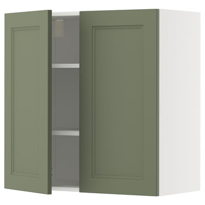 Green cabinets, modern kitchen design, wall-mounted, with adjustable shelves, and a sleek handle-less front.