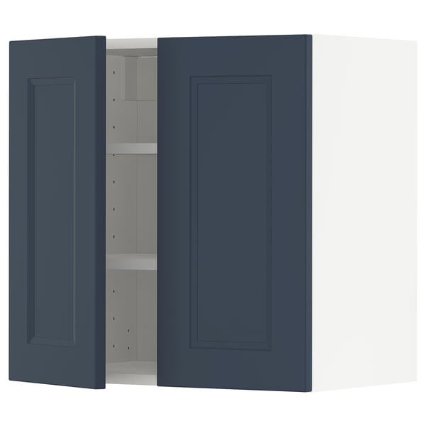 Blue METOD kitchen cabinet with one open door, rectangular shape, flat panel design.