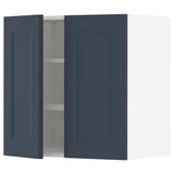Blue METOD kitchen cabinet with one open door, rectangular shape, flat panel design.