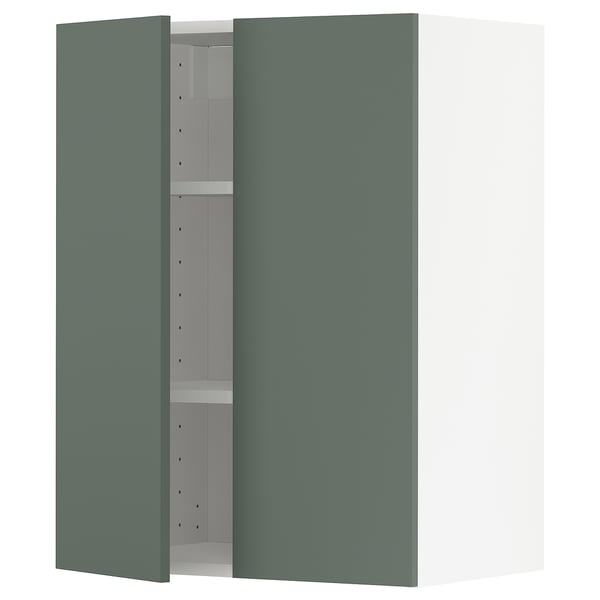METOD kitchen wall unit in greenish-grey with adjustable shelves.