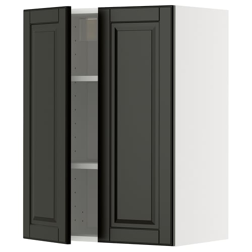 METOD wall cabinet, black, rectangular, bevelled edges, dark wood-like finish, with one adjustable shelf.