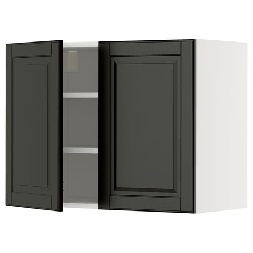 Modern black kitchen cabinet with bevelled edges, two-door design, featuring shelves inside.