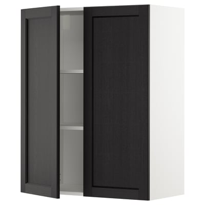 Black wall-mounted cabinet with one open door, adjusting shelf inside, part of ikeas METOD kitchen system.