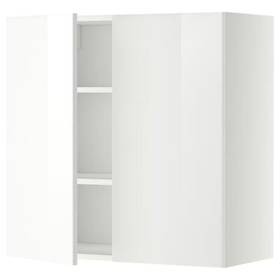 White METOD kitchen cabinet with glossy doors and shelf.