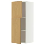 A white and oak METOD wall cabinet with two open wood doors revealing pink interior shelves.