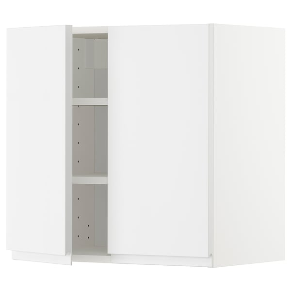 White METOD kitchen cabinet with glossy finish, two adjustable shelves, modern design.