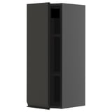Displays a dark grey, modern kitchen cabinet with a minimalist design and no visible handles.
