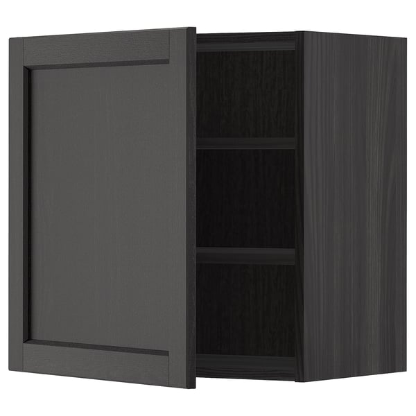 Gray METOD kitchen cabinet, open door, two shelves.