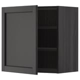 Gray METOD kitchen cabinet, open door, two shelves.