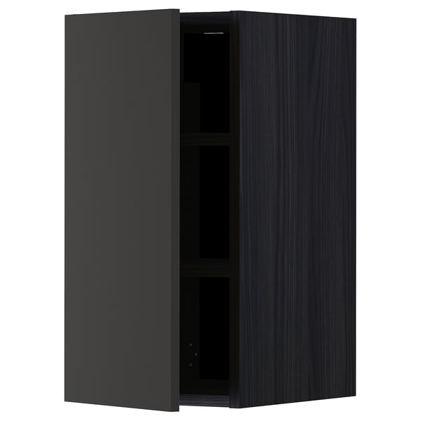Modern black kitchen cabinet, wall-mounted, single door, adjustable shelf, sleek design.