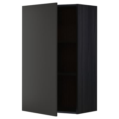 A tall, dark grey wall cabinet from the ikea METOD series, featuring a sleek, modern design with a single adjustable shelf inside.