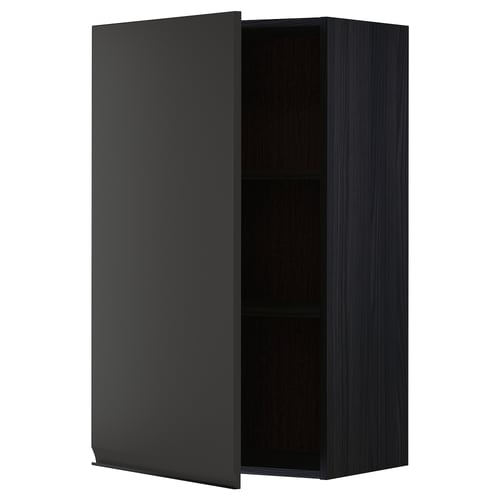 Open black kitchen cabinet with metal handle, rectangular, modern design.