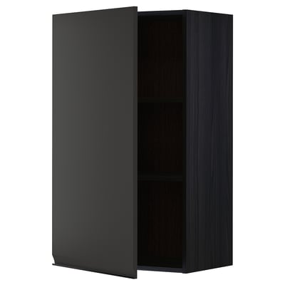 Open black kitchen cabinet with metal handle, rectangular, modern design.
