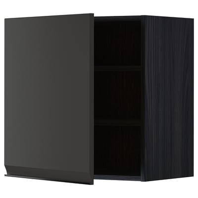 Black wall cabinet with open door, matte finish, square shape, fixed shelf inside.