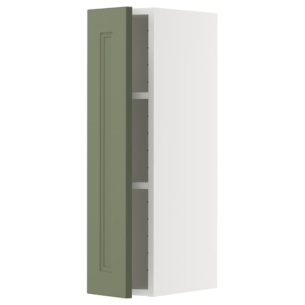 Ikea METOD kitchen cabinet in grey-green with white frame.