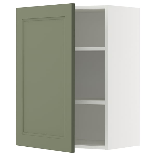 Open wall cabinet from METOD system, white with gray-green door, rectangular, two shelves, modern design.