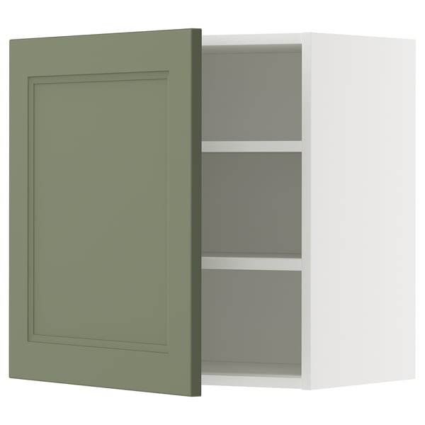 Green kitchen cabinet with door open, showing 2 shelves.